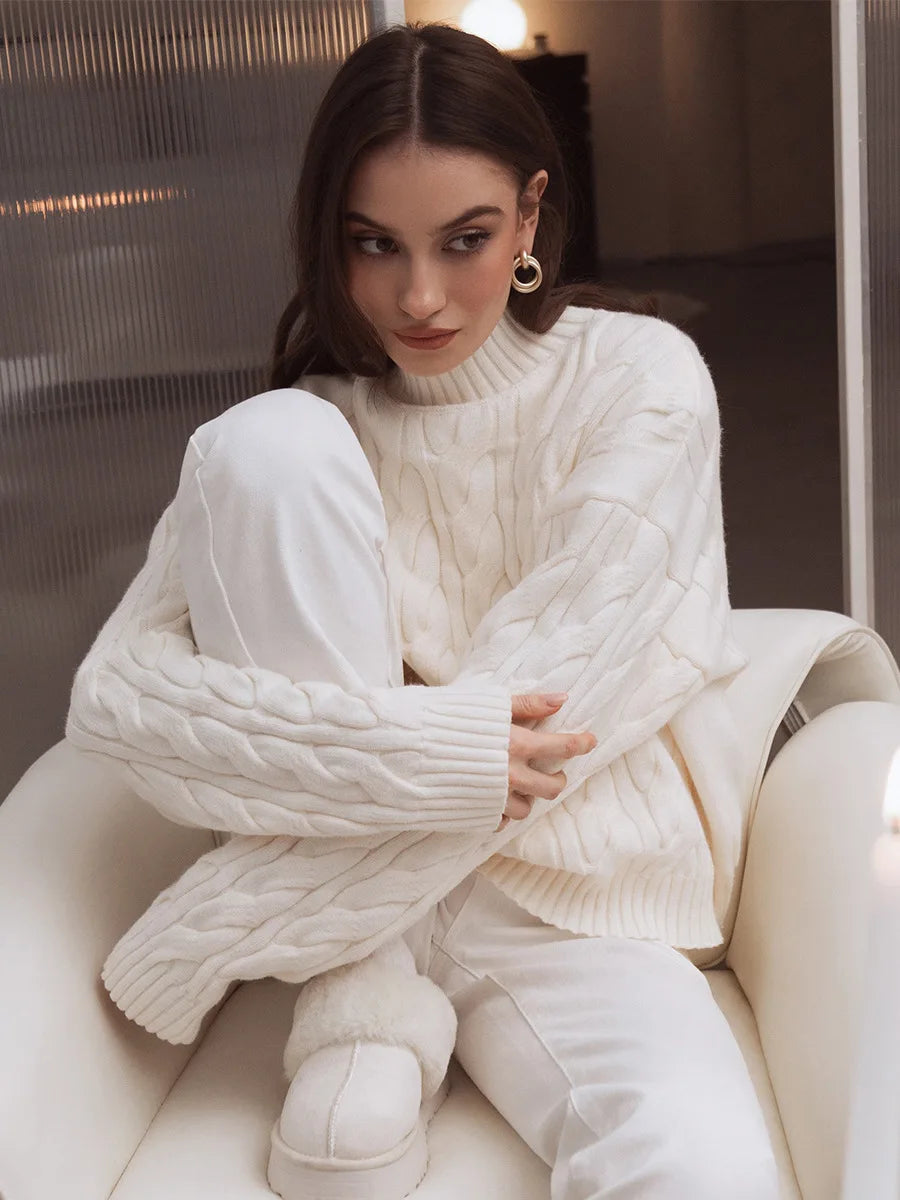 Bornladies Dames Turtleneck Kabeltrui Lazy Loose Fit Lange Mouw