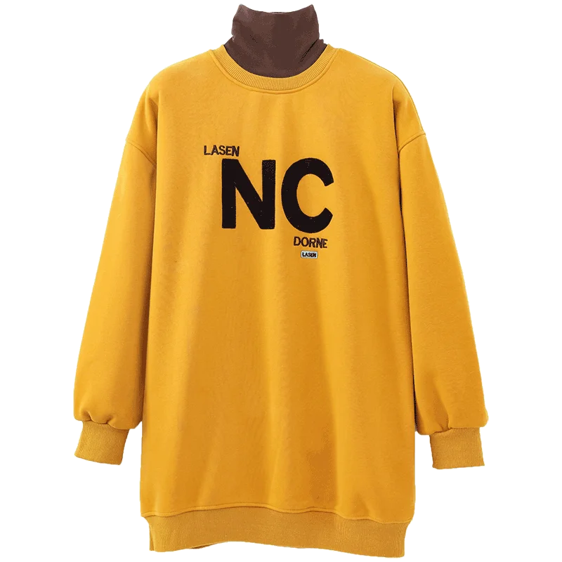Autumn Winter High Collar Long Sleeve Fleece Thick Oversize Streetwear Female Sweatshirt Fake 2