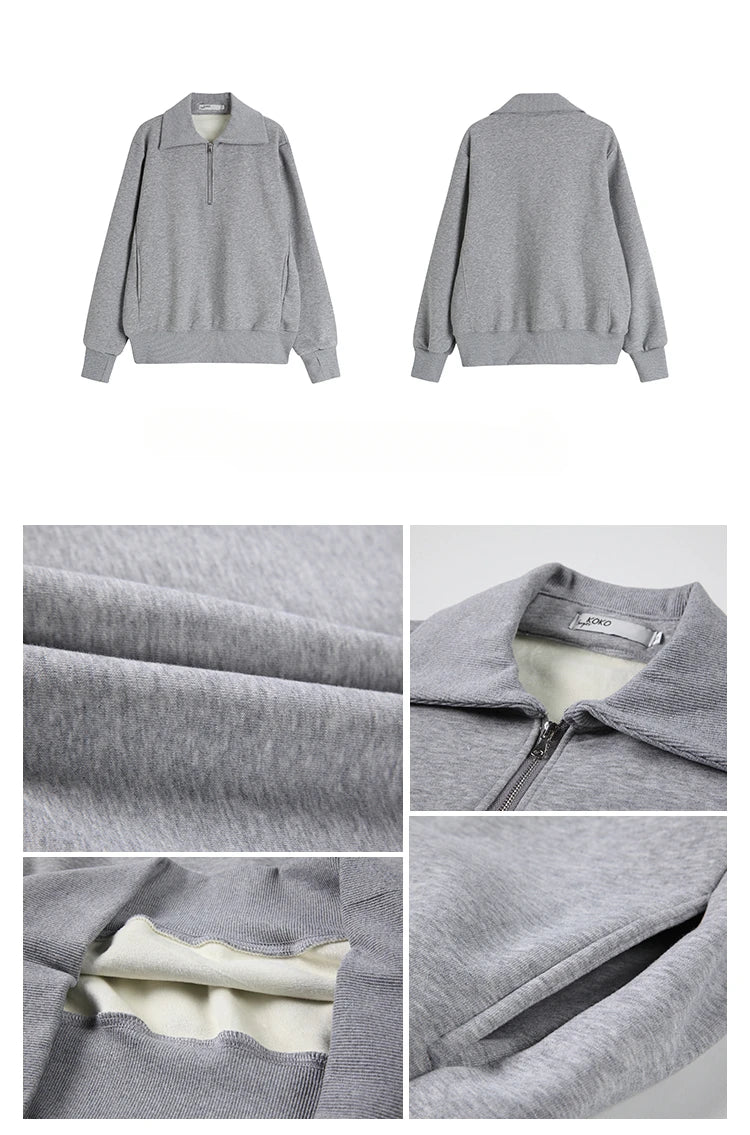 Herfst Winter BM Collar Polo Hoodie met rits voor dames met dikke fluweel en losse capuchon