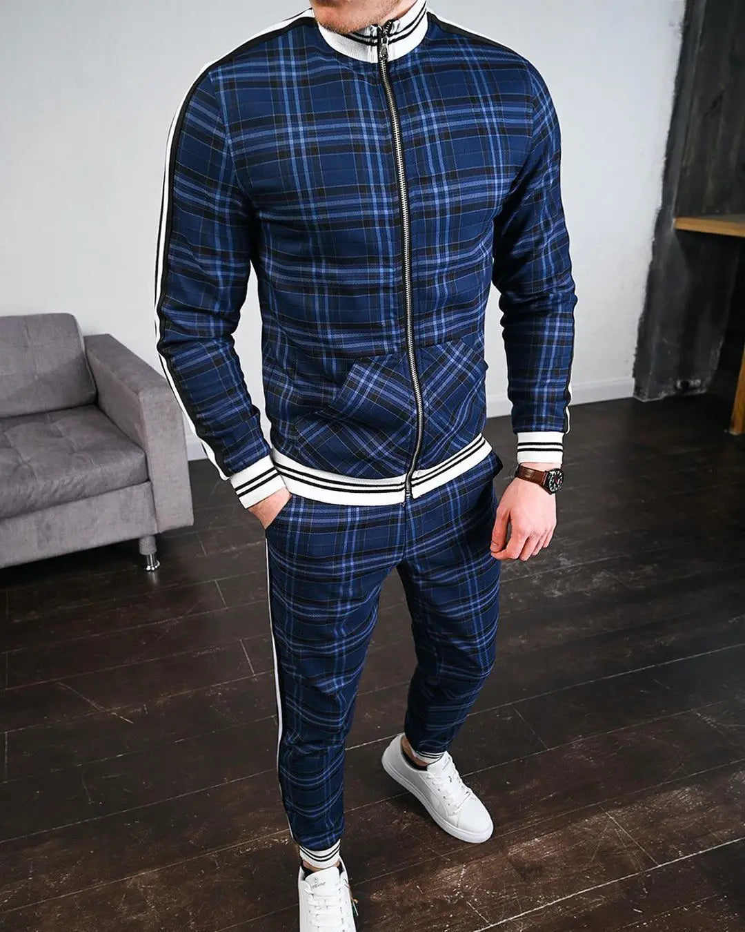 Mens Tracksuits Colorful Plaid Casual Zipper Hoodie Set 3D Print Set Autumn Male