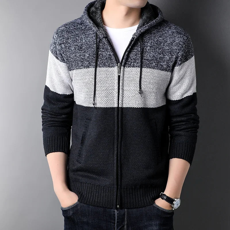 Men s Casual High Neck Long Sleeve Knitted Hoodie Coat Velvet Warmth Autumn Winter Fashion Multi