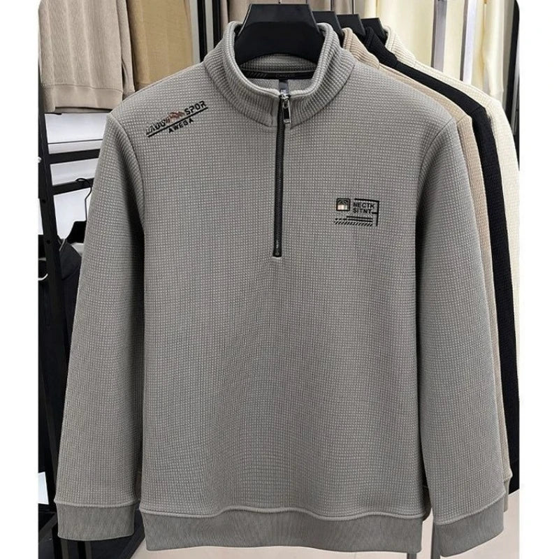 Men s Fleece Liner Sweatshirts Vintage Half Zipper Print Plaid Texture Thick Wool Warm Pullover
