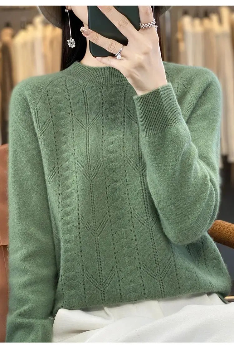 Women Stylish Simple Hollow Soft Cashmere Basic Knitted Sweater Solid O Neck Long Sleeve Loose