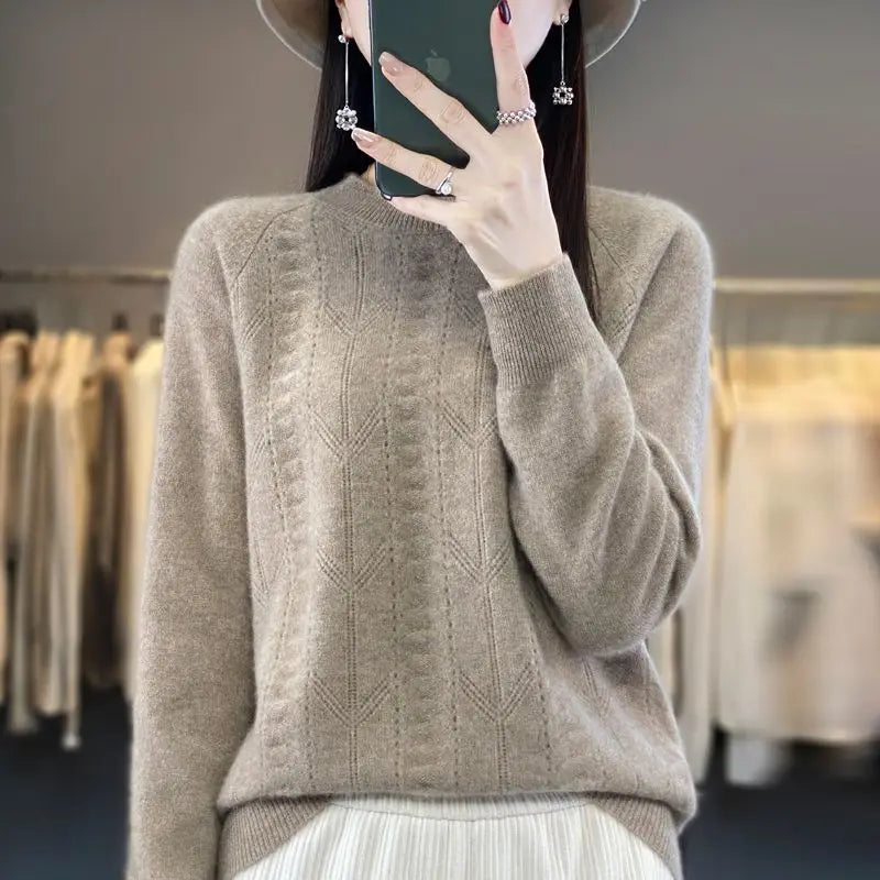 Women Stylish Simple Hollow Soft Cashmere Basic Knitted Sweater Solid O Neck Long Sleeve Loose