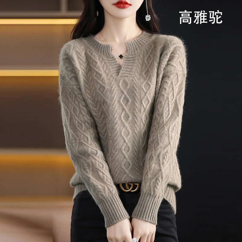 Pure Mink Cashmere Trui Dames V-hals Dikke Brei Trui Mode Jacquard
