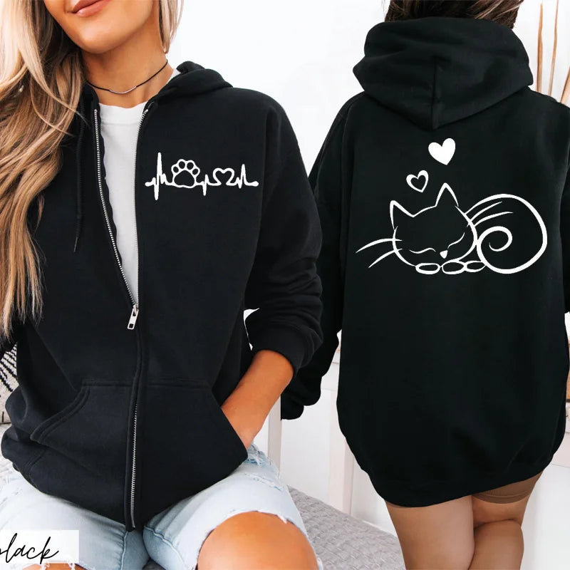 Dames Hoodie met Ritssluiting, Herfst Winter, Schattige Kat, Heatbeat Sweatshirt, Hiphop
