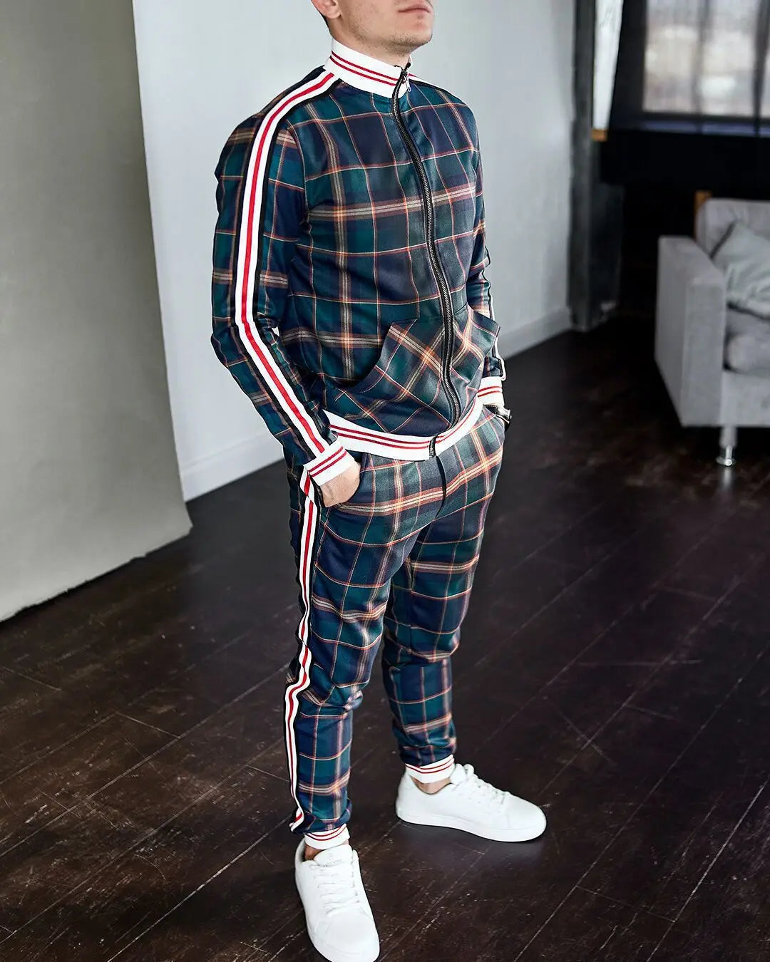 Mens Tracksuits Colorful Plaid Casual Zipper Hoodie Set 3D Print Set Autumn Male