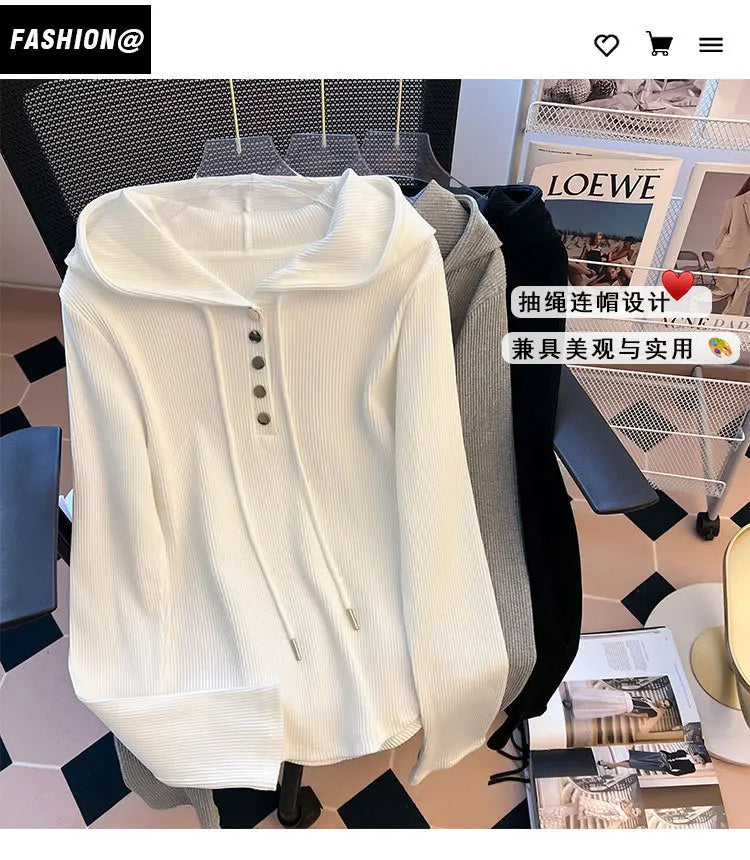 Uniek geknoopt T-shirt met capuchon voor dames, lente/herfst, onregelmatige korte mouwen, lange mouwen, basislaag