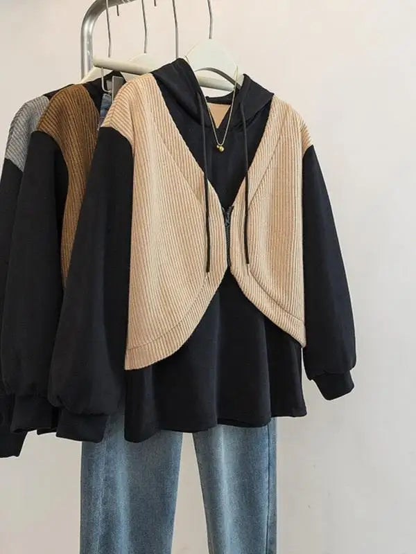 Hooded Fake Two-piece Spliced lange mouwen Sweatshirt Herfst en Winter Slim Top