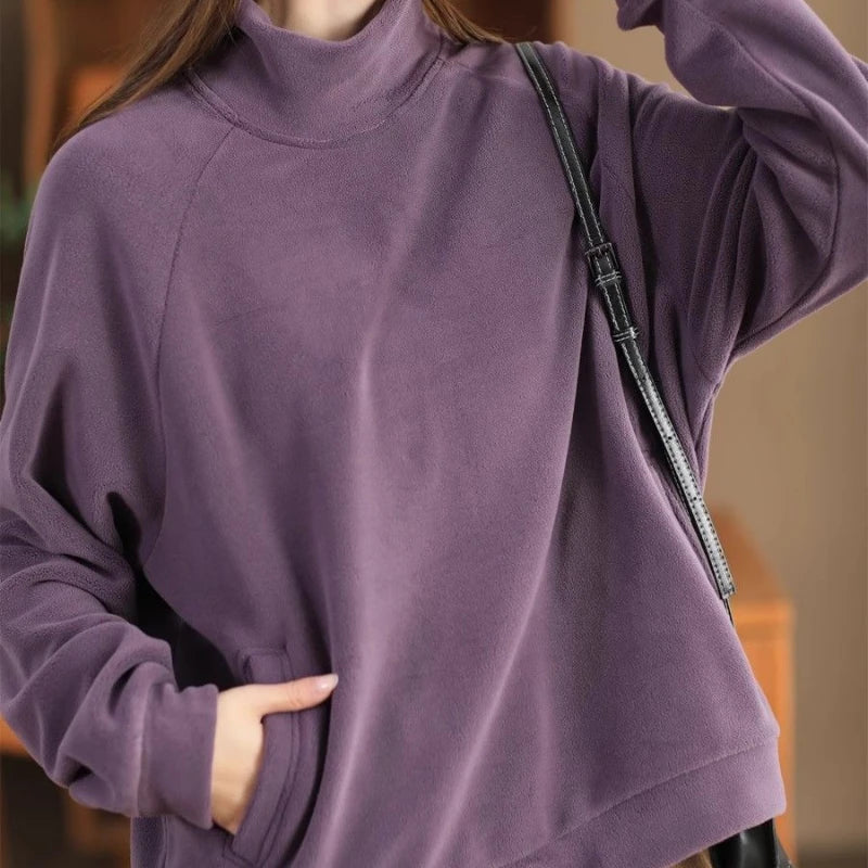 Herfst Winter Mode Hoge Kraag Lange Mouw Effen Jassen Sweatshirt Dameskleding Koreaans Los