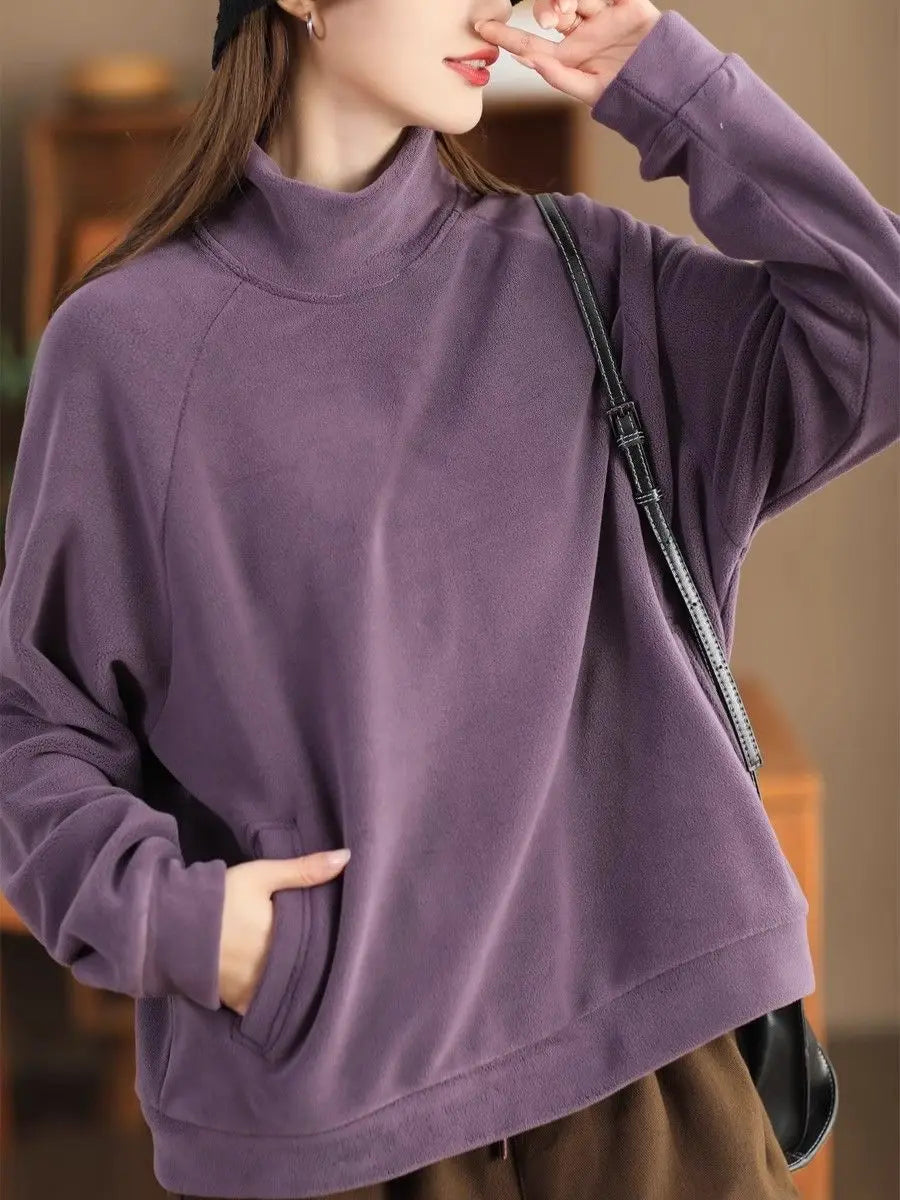 Herfst Winter Mode Hoge Kraag Lange Mouw Effen Jassen Sweatshirt Dameskleding Koreaans Los