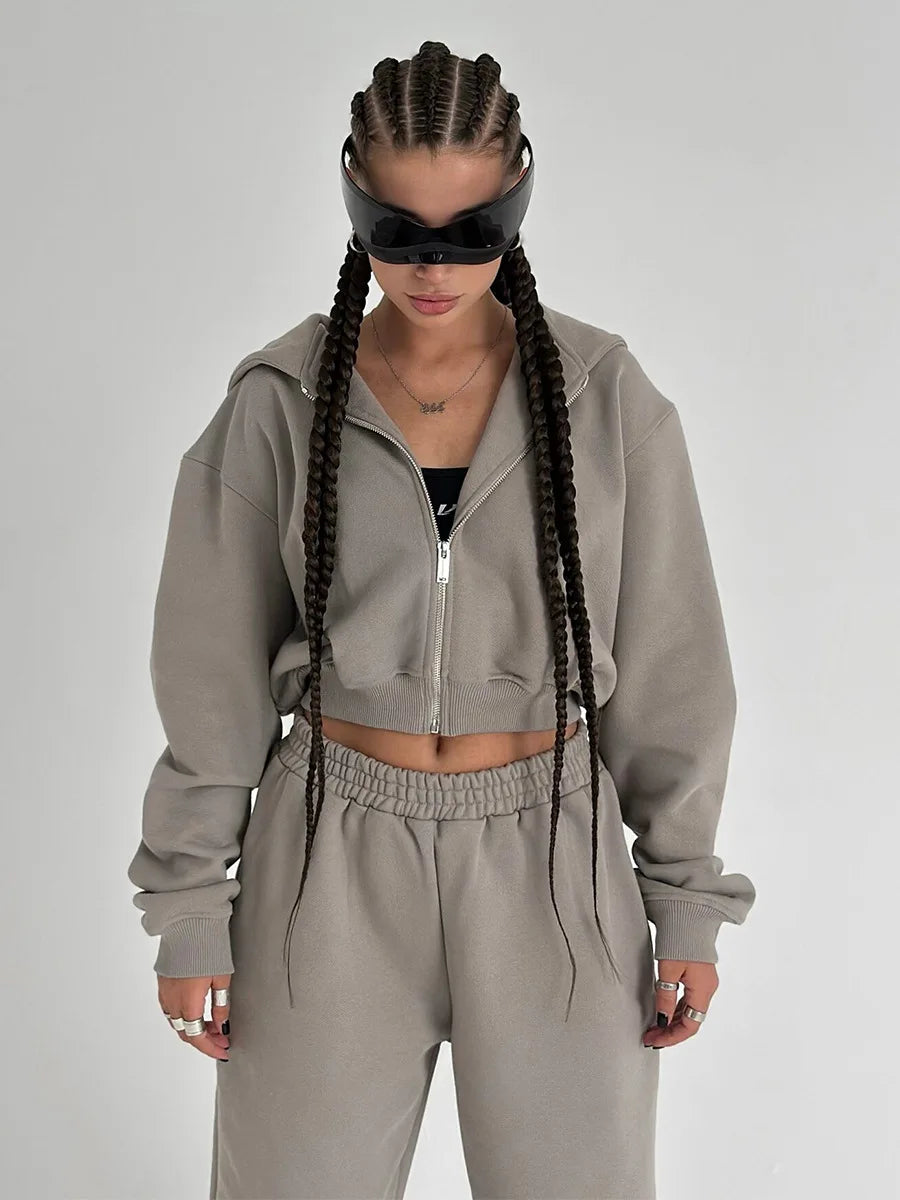 Bornladies Dames Cropped Hoodie Sweatpants Set Losse Trekkoord Taille Ritssluiting