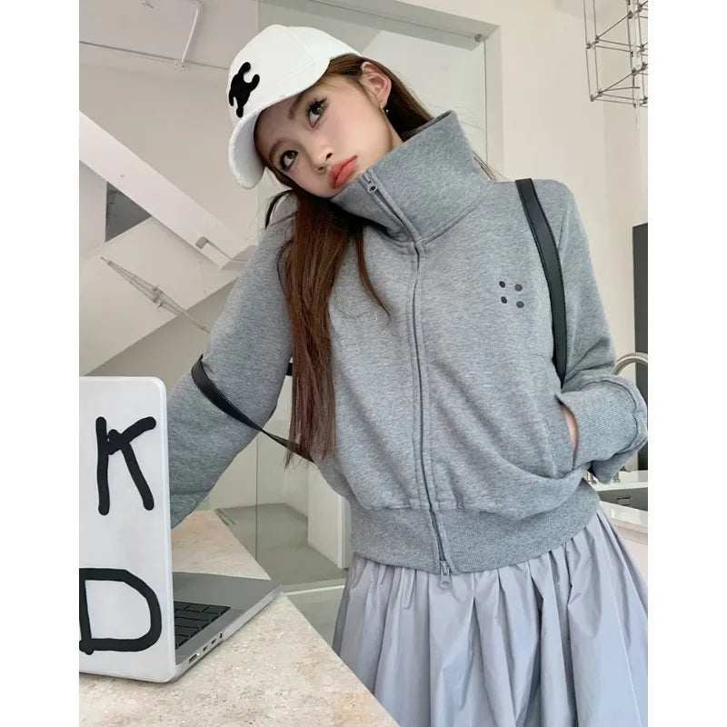 Coltruien voor dames, effen ritsontwerp, chique Koreaanse stijl, eenvoudig