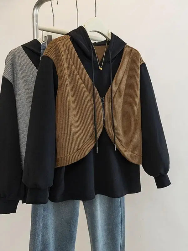 Hooded Fake Two-piece Spliced lange mouwen Sweatshirt Herfst en Winter Slim Top