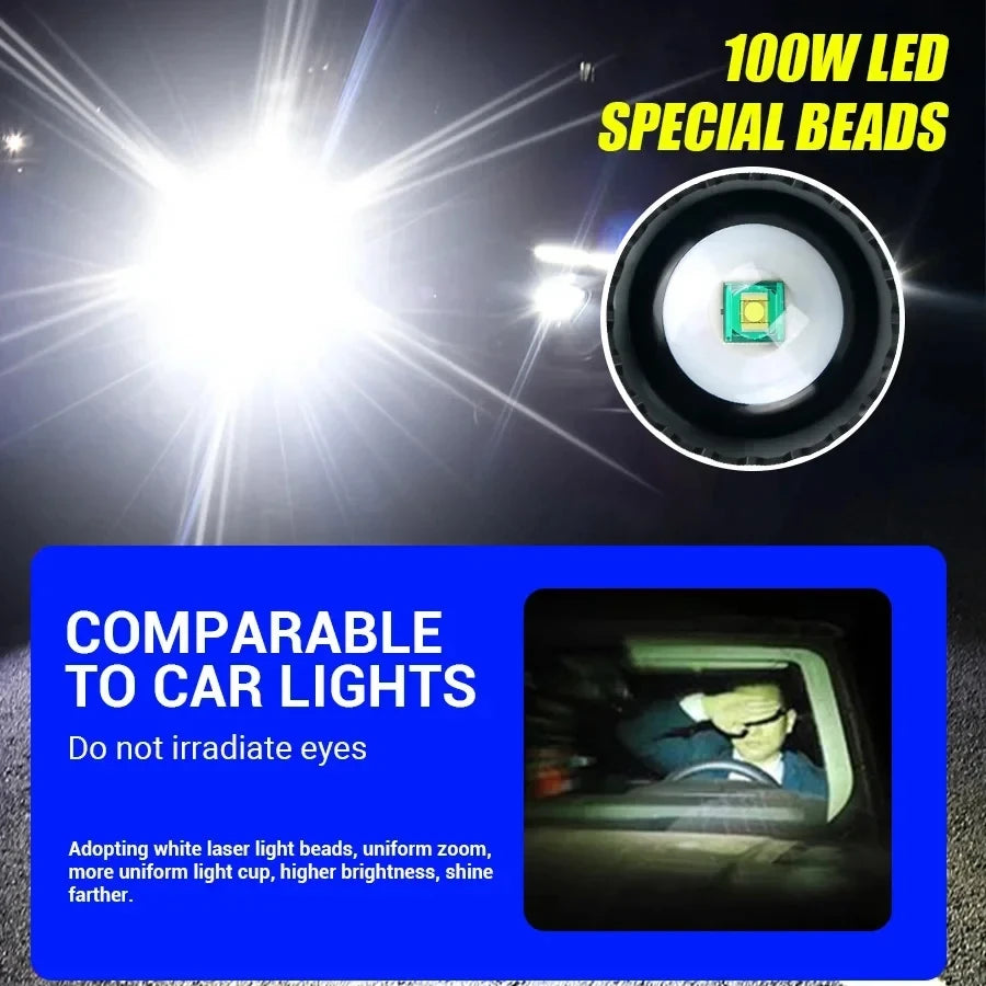 100W krachtige LED-zaklamp, ultraheldere tactische zaklamp met groot bereik, USB
