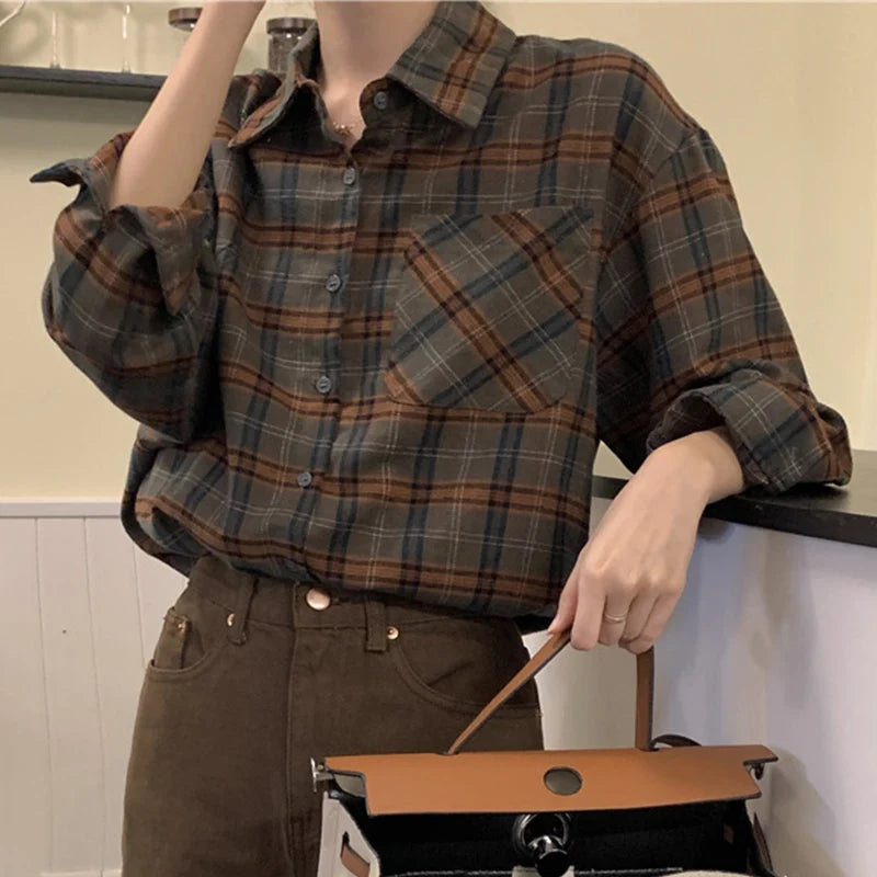 All Match Mix Color Plaid Shirts Dames Herfst Winter Enkelrijs Lange Mouw