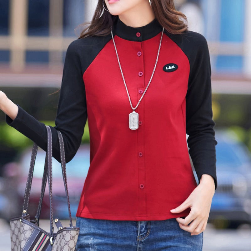Herfst- en wintertrui voor dames, opstaande hals, knoopsluiting, contrastpaneel, lang