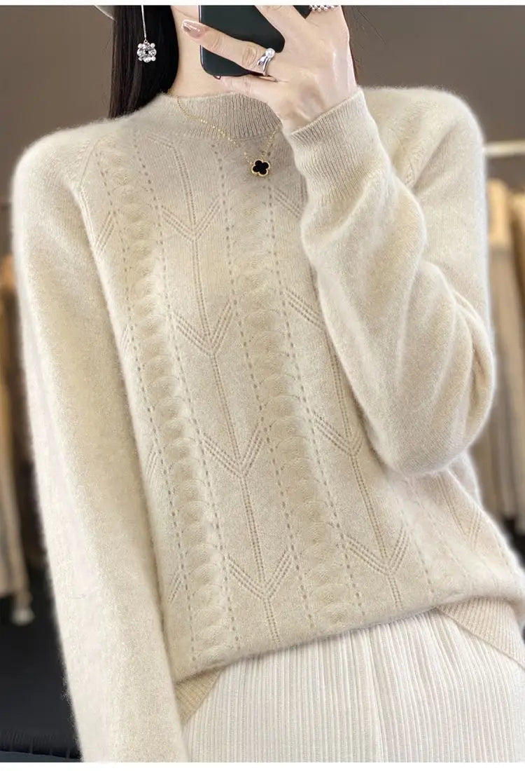 Women Stylish Simple Hollow Soft Cashmere Basic Knitted Sweater Solid O Neck Long Sleeve Loose