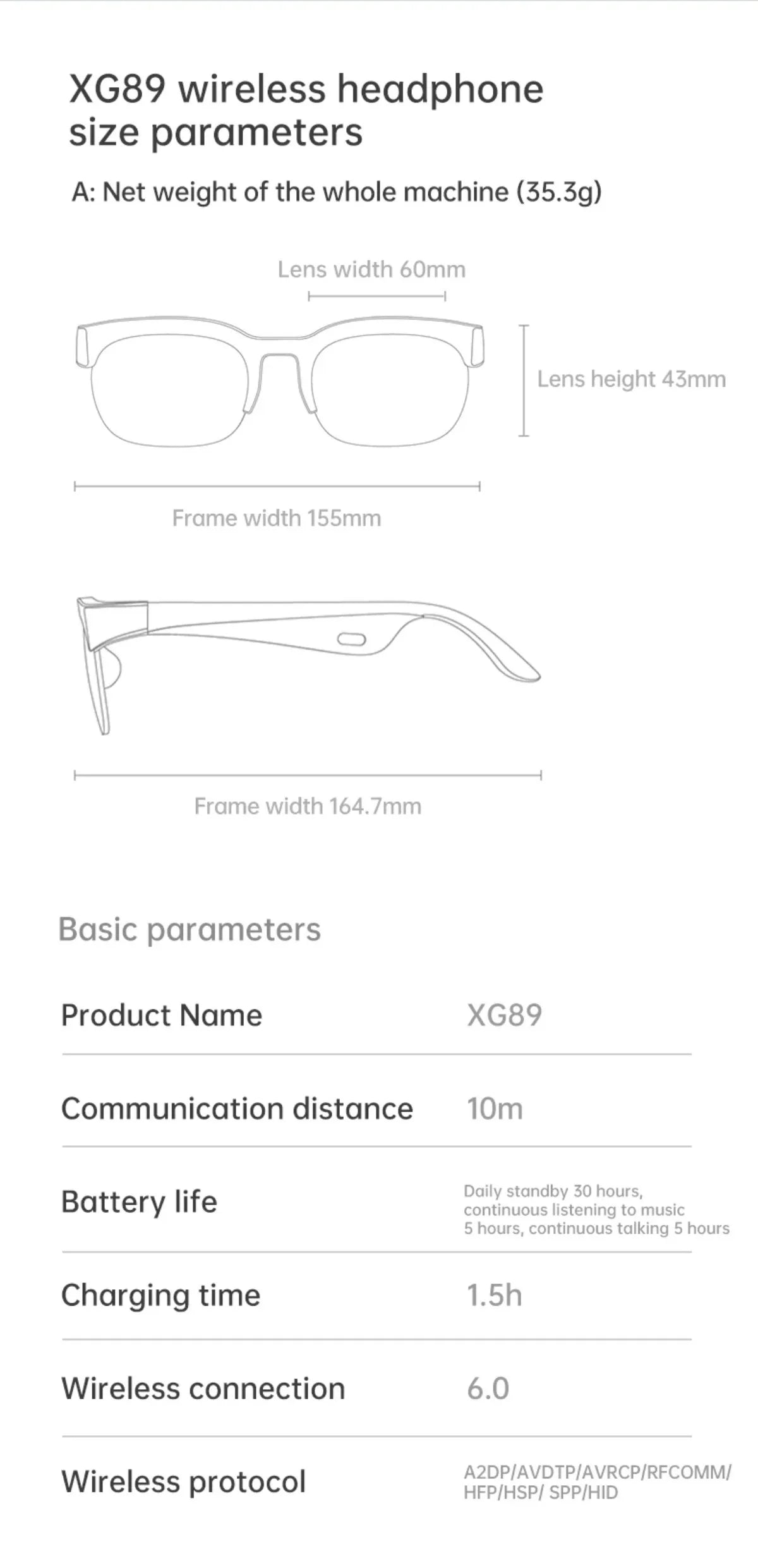 Xg89 Smart Audio Bril Taalvertaler Tweerichtingsruisonderdrukking Lang