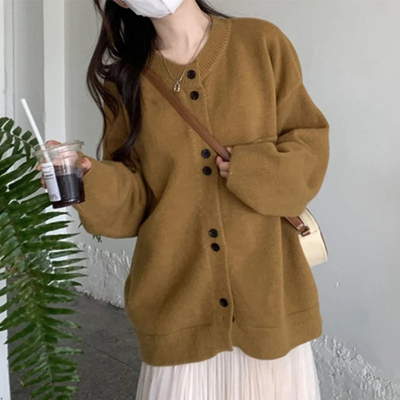 Single Breasted Knitted Cardigan for Women Loose Crew Neck Long Sleeve