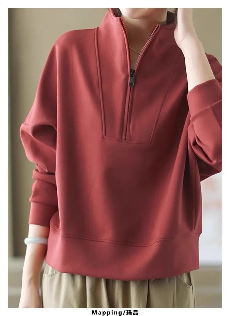 Fashionable and Casual Stand up Collar Sweatshirt Women in Spring and Autumn Loose Semi zipper