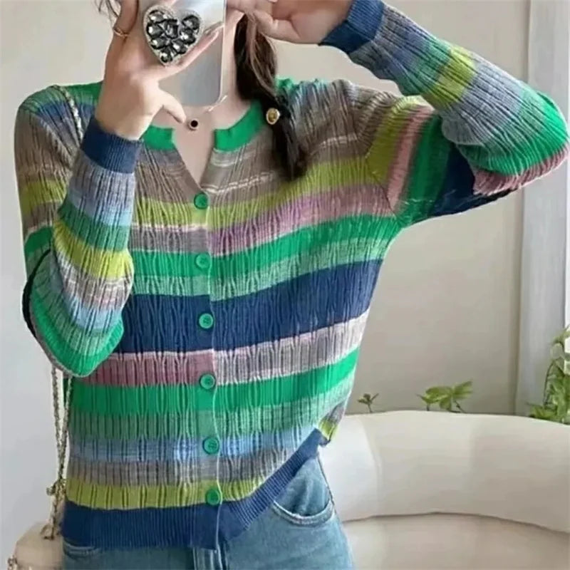 Herfst Dames Trui Koreaans Kort Mode Stikwerk gestreept Breiwerk Cardigan