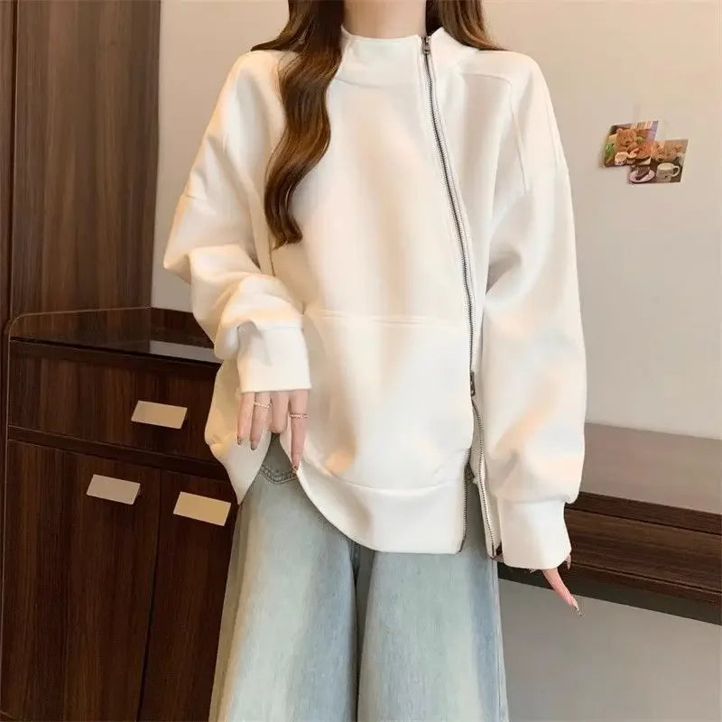 Plus Size Women Belly covering Hooded Diagonal Zipper Long sleeved Sweatshirt for Fat Girls Loose