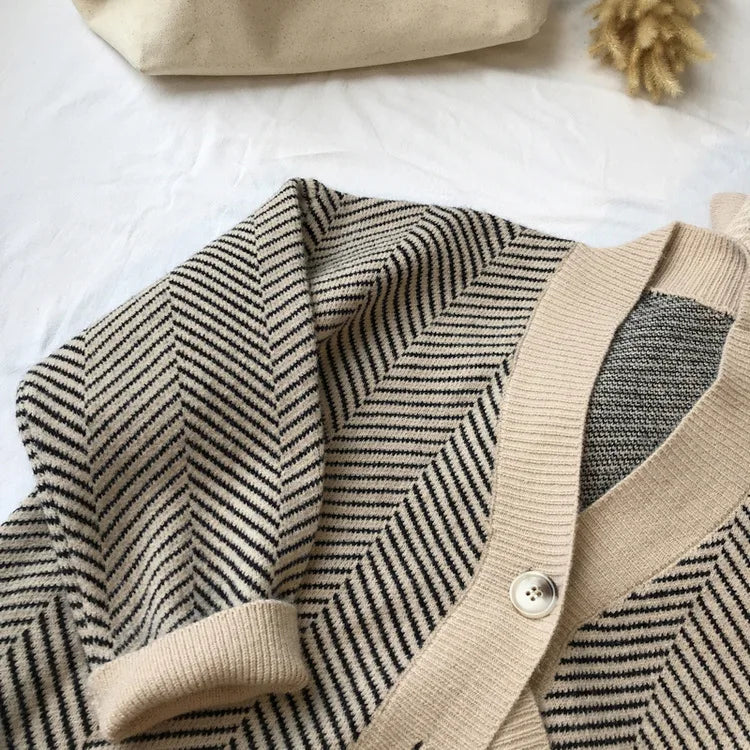 Bornladies Dames Trui Herfst Winter V-hals Gestreept Losvallend Cardigan