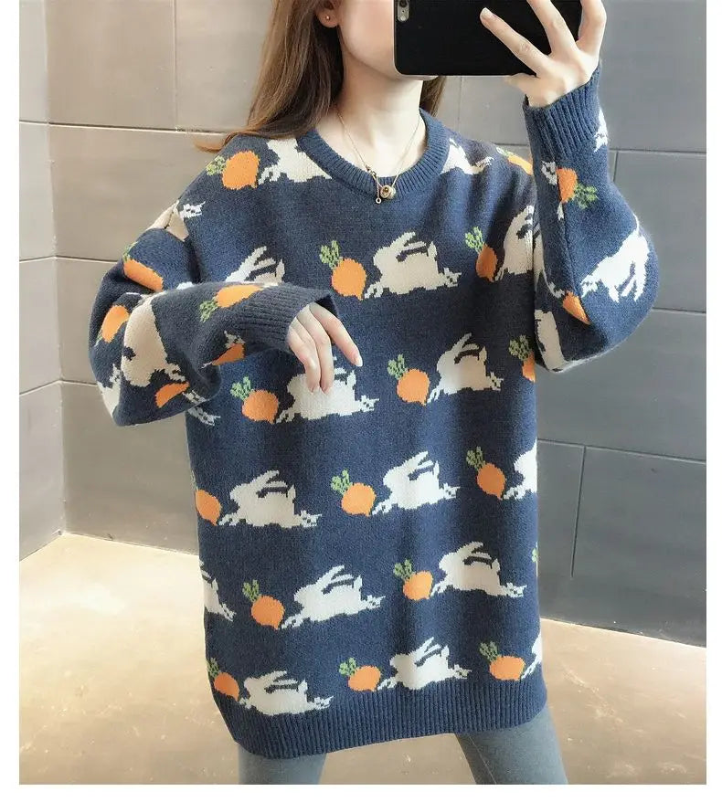 Retro Medium to Long Length Outerwear Fashionable Versatile Women s Sweater Wide Elastic Knitted