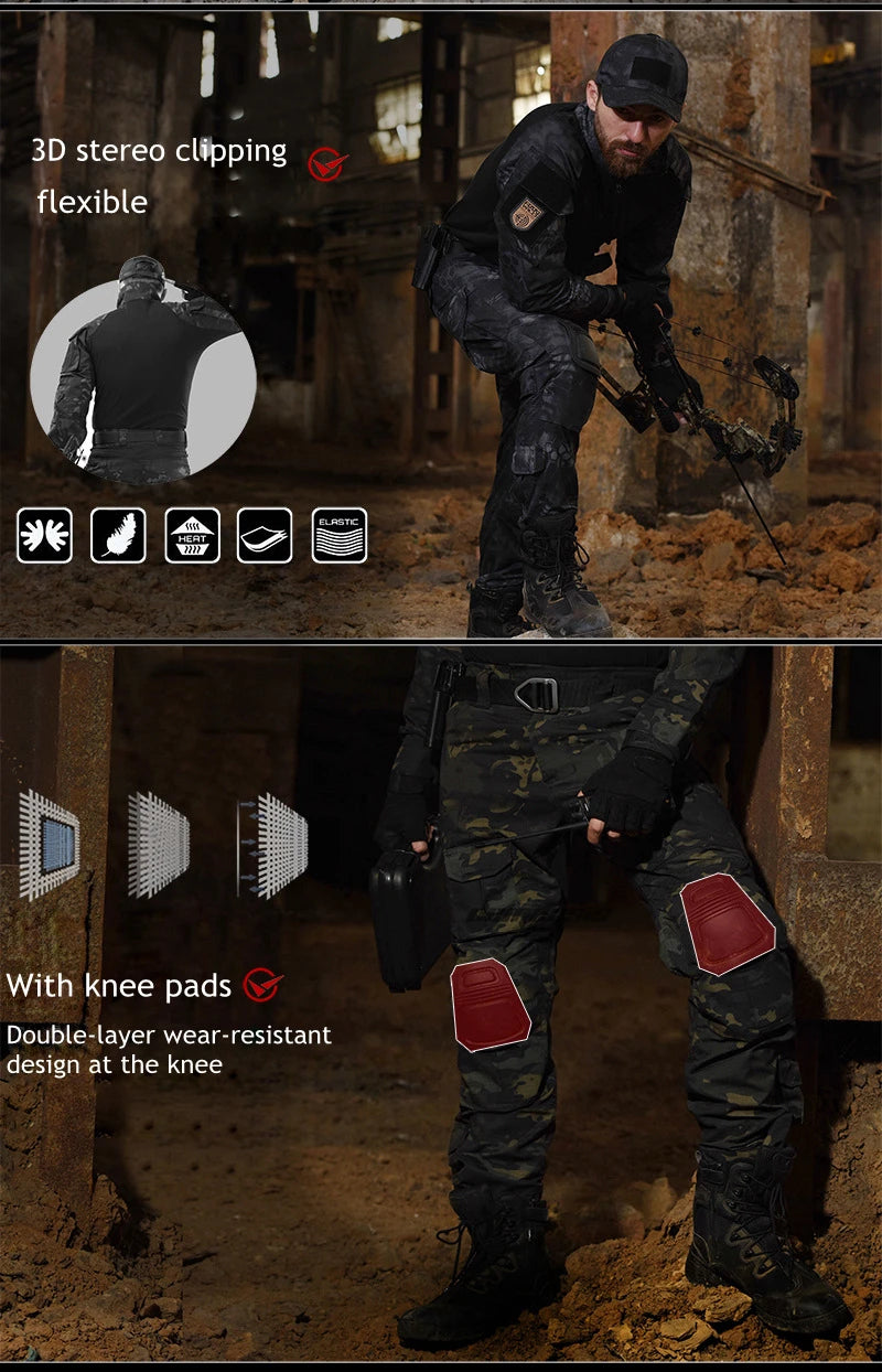 Tactical Camouflage Uniform Clothes Mens Outdoor Paintball Hunting Combat Shirt + Pants with Knee