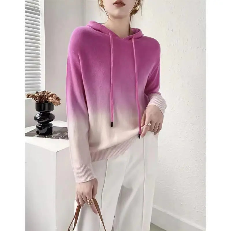 Весна-осень, женская одежда, длинный рукав, свитер с капюшоном, градиентный контраст