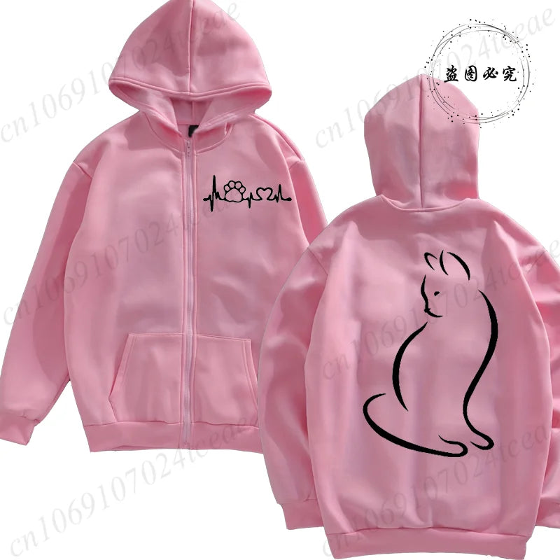 Dames Hoodie met Ritssluiting, Herfst Winter, Schattige Kat, Heatbeat Sweatshirt, Hiphop