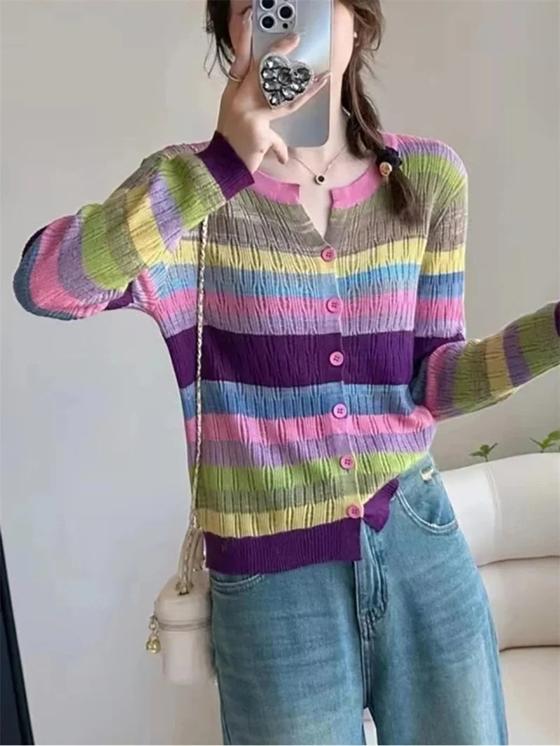 Herfst Dames Trui Koreaans Kort Mode Stikwerk gestreept Breiwerk Cardigan