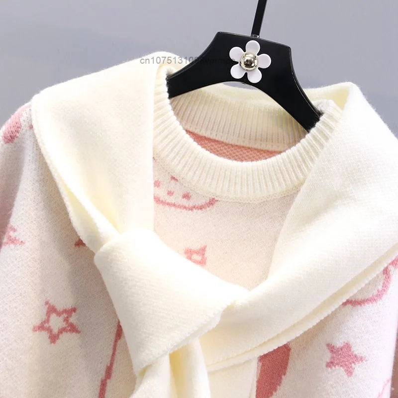 Kerst Hello Kitty schattige gebreide trui met sjaal voor vrouwen Y2k