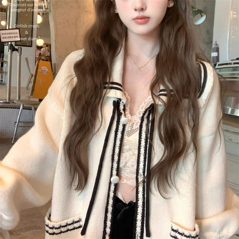 Preppy Style Mix Color Women s Cardigan Korean Lace Up Bowknot Cardigan Woman