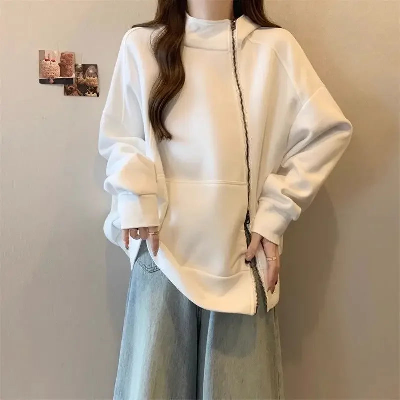 Plus Size Women Belly covering Hooded Diagonal Zipper Long sleeved Sweatshirt for Fat Girls Loose