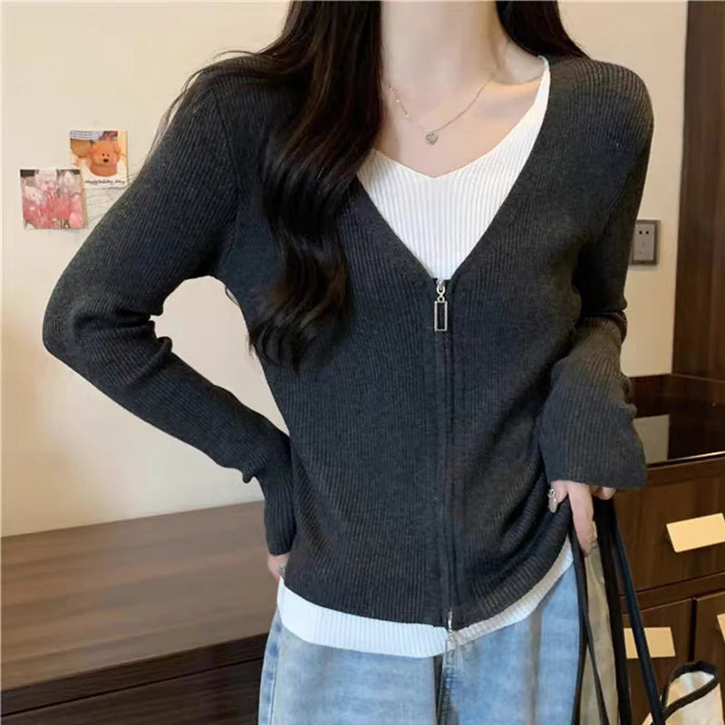 Mode valse tweedelige trui dames lente herfst mix kleur V-hals gebreid