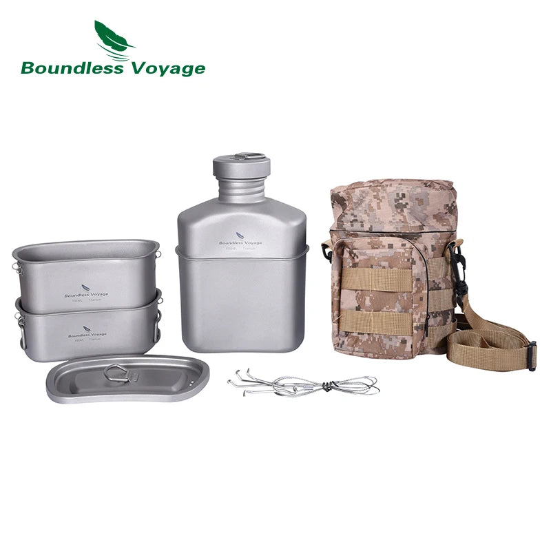 Boundless Voyage Titanium Military Canteen Cups Set Camping Cookware Outdoor