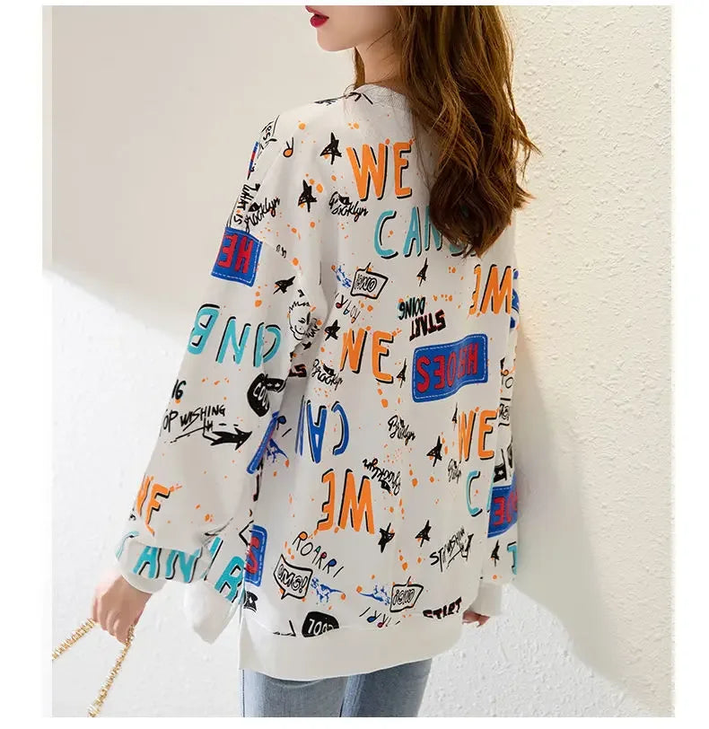 Classic Fashion Printing Letter Sweatshirts Women Long Sleeve Loose O collar Slim Casual All match