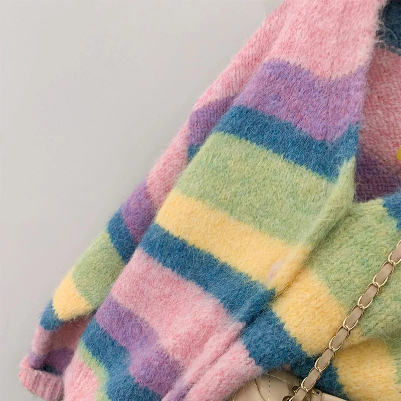 Chic regenboog gestreepte cardigan voor dames, losse enkelrijs gebreide cardigan voor dames