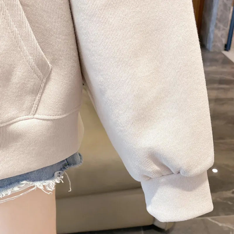 Ritsjack met capuchon, eenvoudig geborduurde letters, losse effen kleur, cardigan, trui, damestop