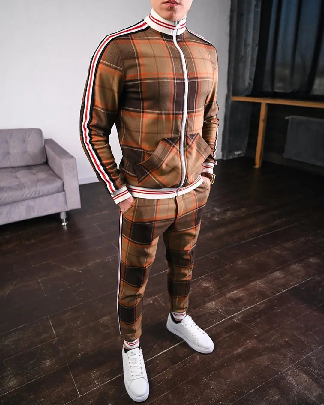 Mens Tracksuits Colorful Plaid Casual Zipper Hoodie Set 3D Print Set Autumn Male