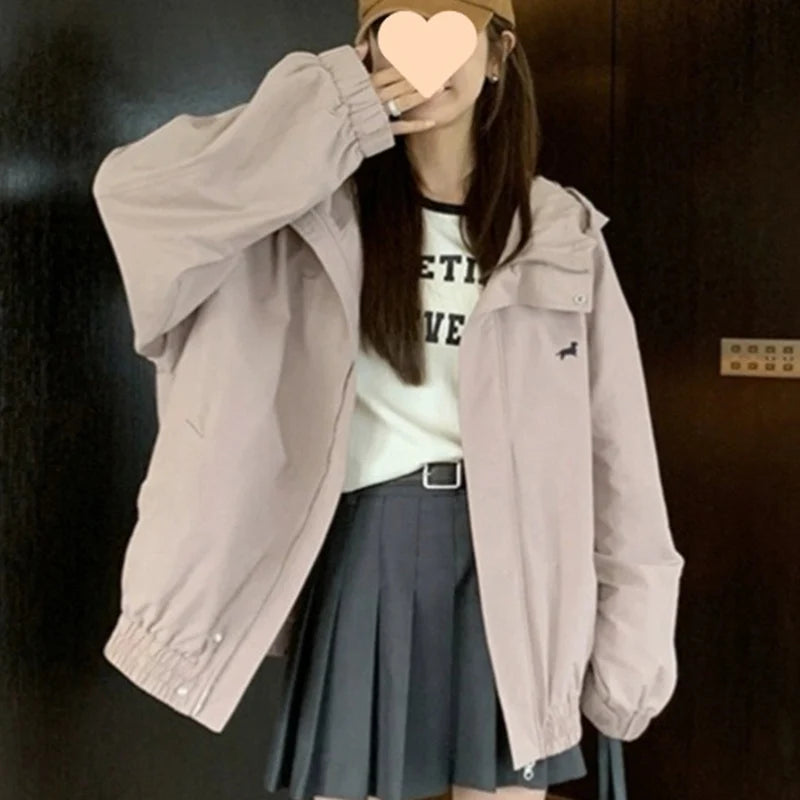 Koreaanse roze ritsjas voor dames, herfst/winter, windjack met omslagkraag