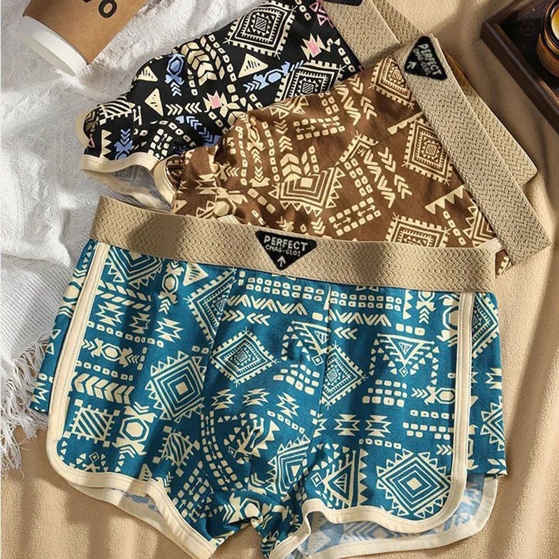 3-delige set herenondergoed Amerikaanse retro etnische stijl platte broek ademend