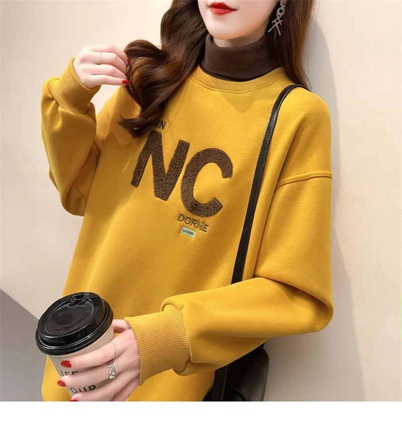 Autumn Winter High Collar Long Sleeve Fleece Thick Oversize Streetwear Female Sweatshirt Fake 2