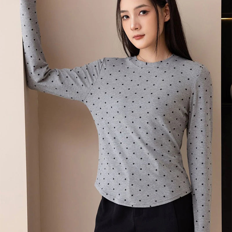 American Vintage Polka Dot Pullovers Women Spring Autumn Slim Fit Long Sleeve