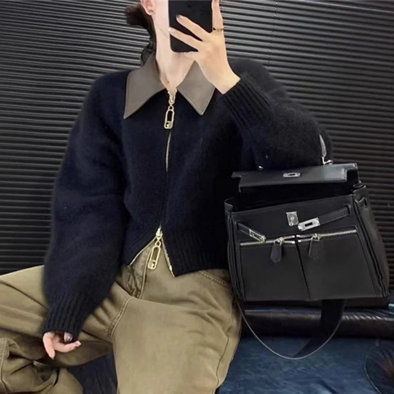 Dubbele ritsen gebreide cardigan dames chique patchwork korte trui tops vrouw