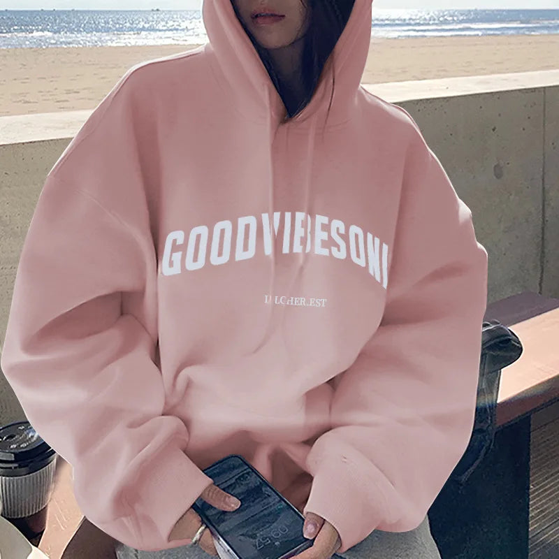 Autumn Fleece Hoodie Solid Color Letter Hooded Korean Fashion Sweatshirts Long
