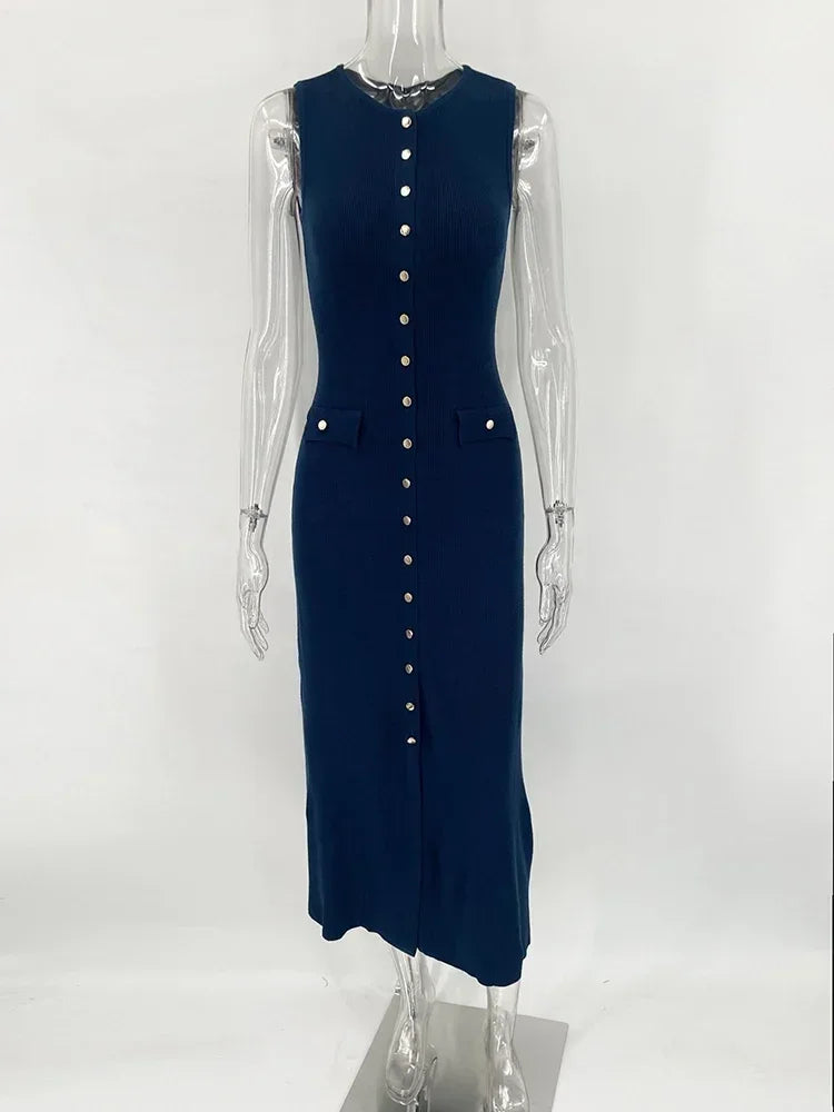 Elegante mouwloze enkelrijs geribbelde truien lange jurk voor dames hoog