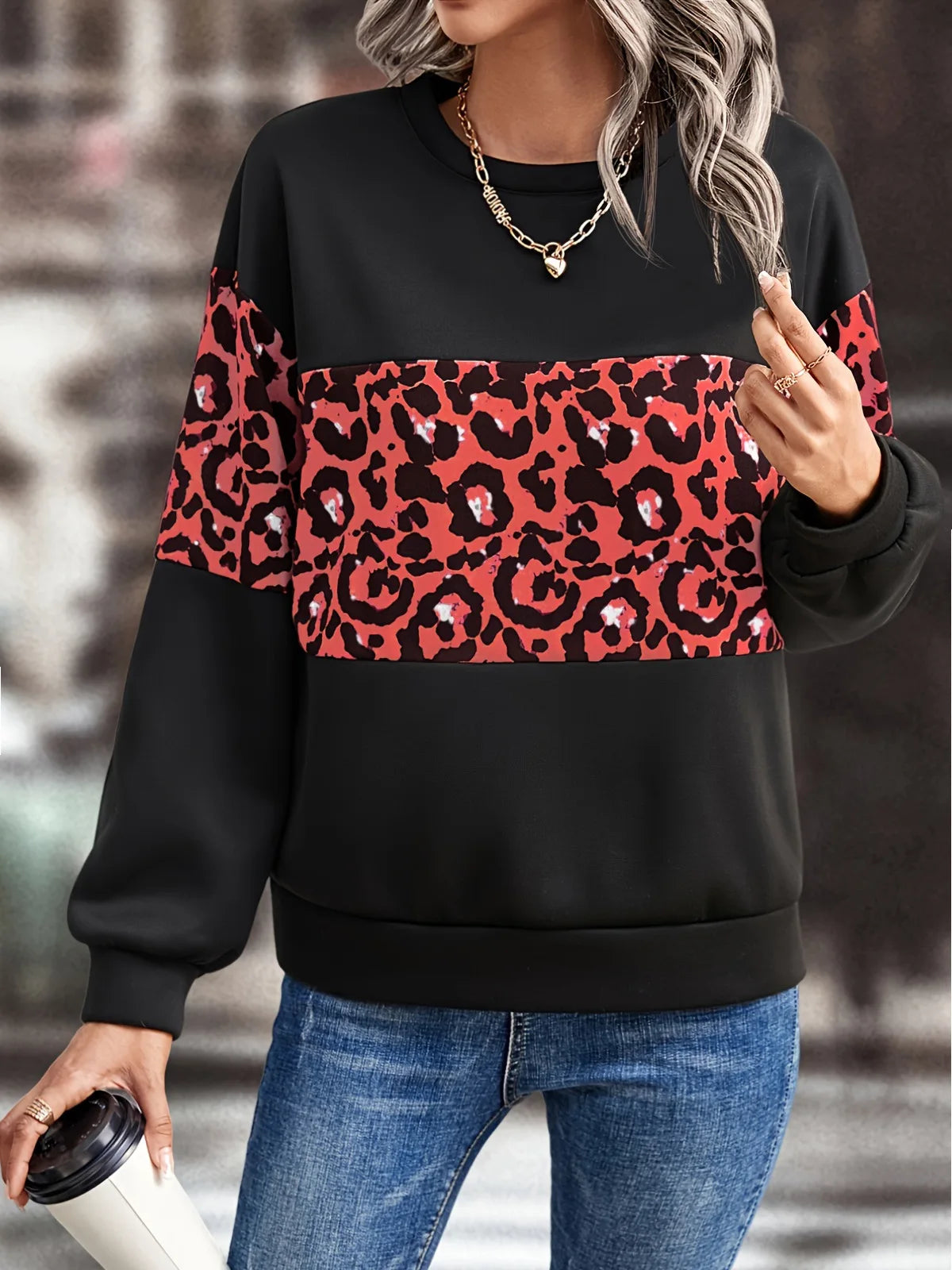 Herfstmode Print Losse Ronde Hals Luipaardprint Lange Mouwen Temperament Woon-werkverkeer Dames Losse